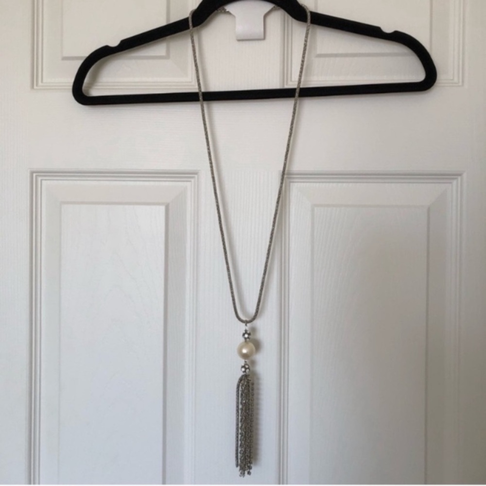 Long Silver Tassel Pendant Necklace with Faux Pearl